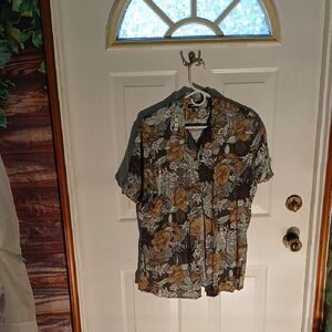 Express Floral Casual Button Down Shirt - Brown and Green RL58